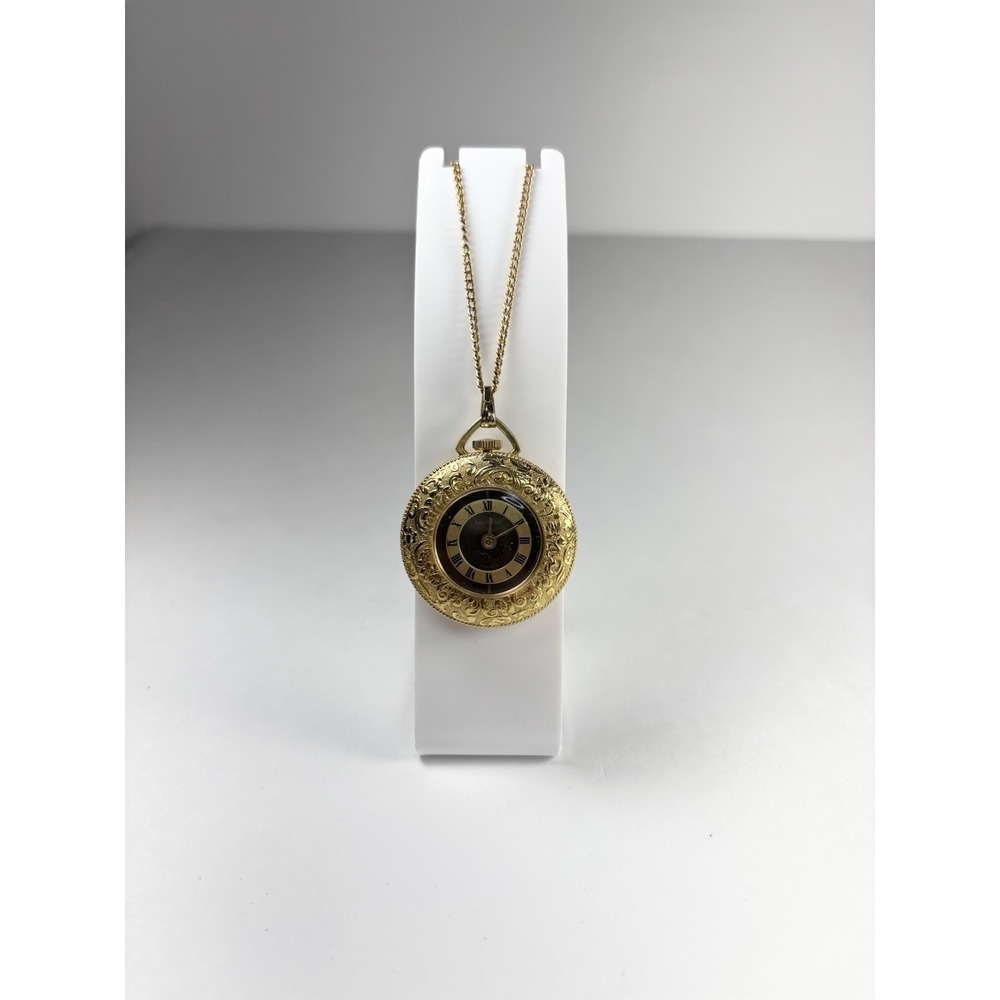 Vtg Lucerne Swiss Mechanical Pocket Watch Pendant Engraved Gold Color Plate Red